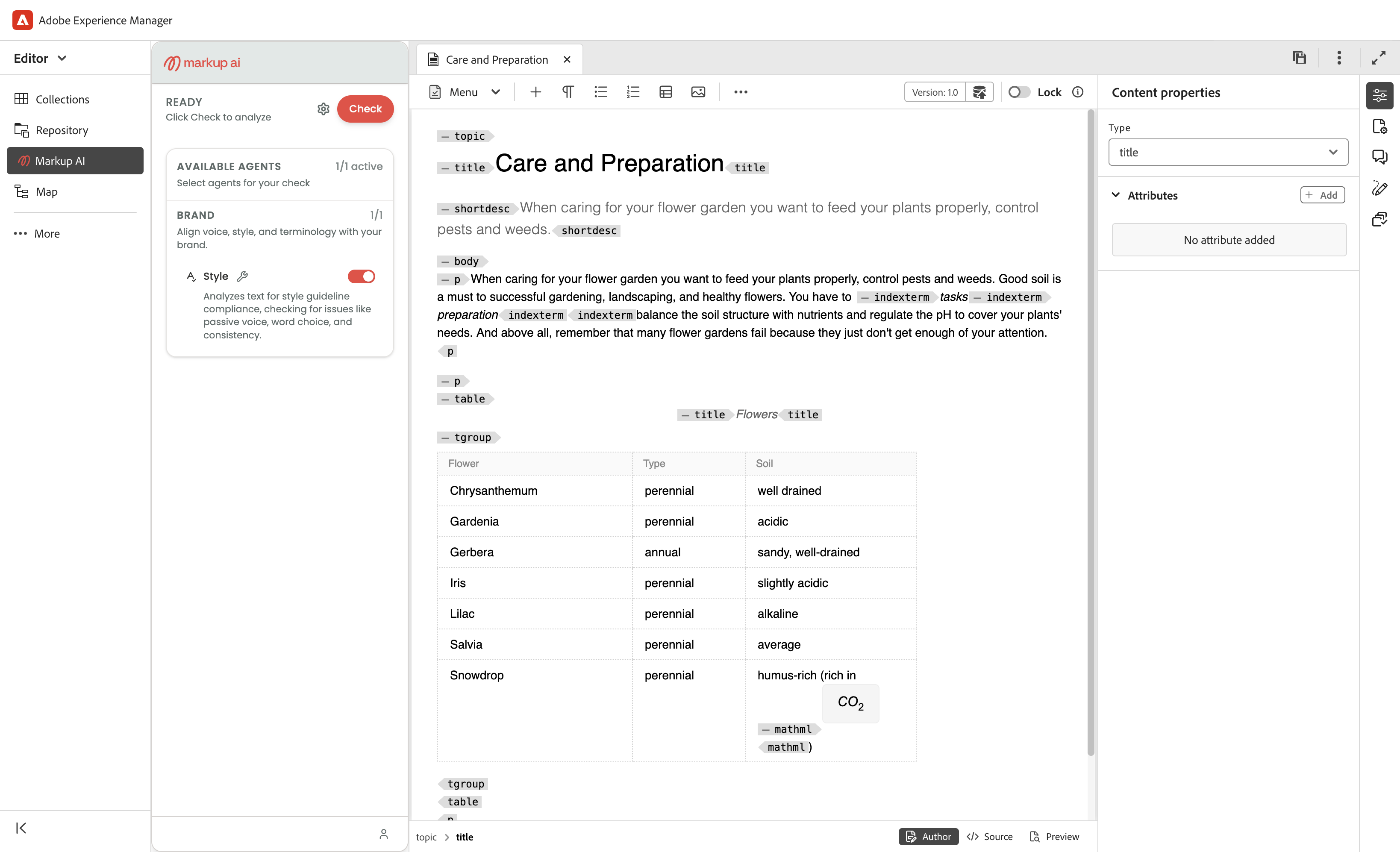 AEM Guides editor with the Markup AI sidebar open on the left, showing the READY state and the available agents preview before any check has run.