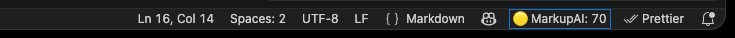 The right-hand end of the VS Code status bar showing a yellow dot followed by MarkupAI: 70, next to the usual line and column, encoding, and language mode indicators.