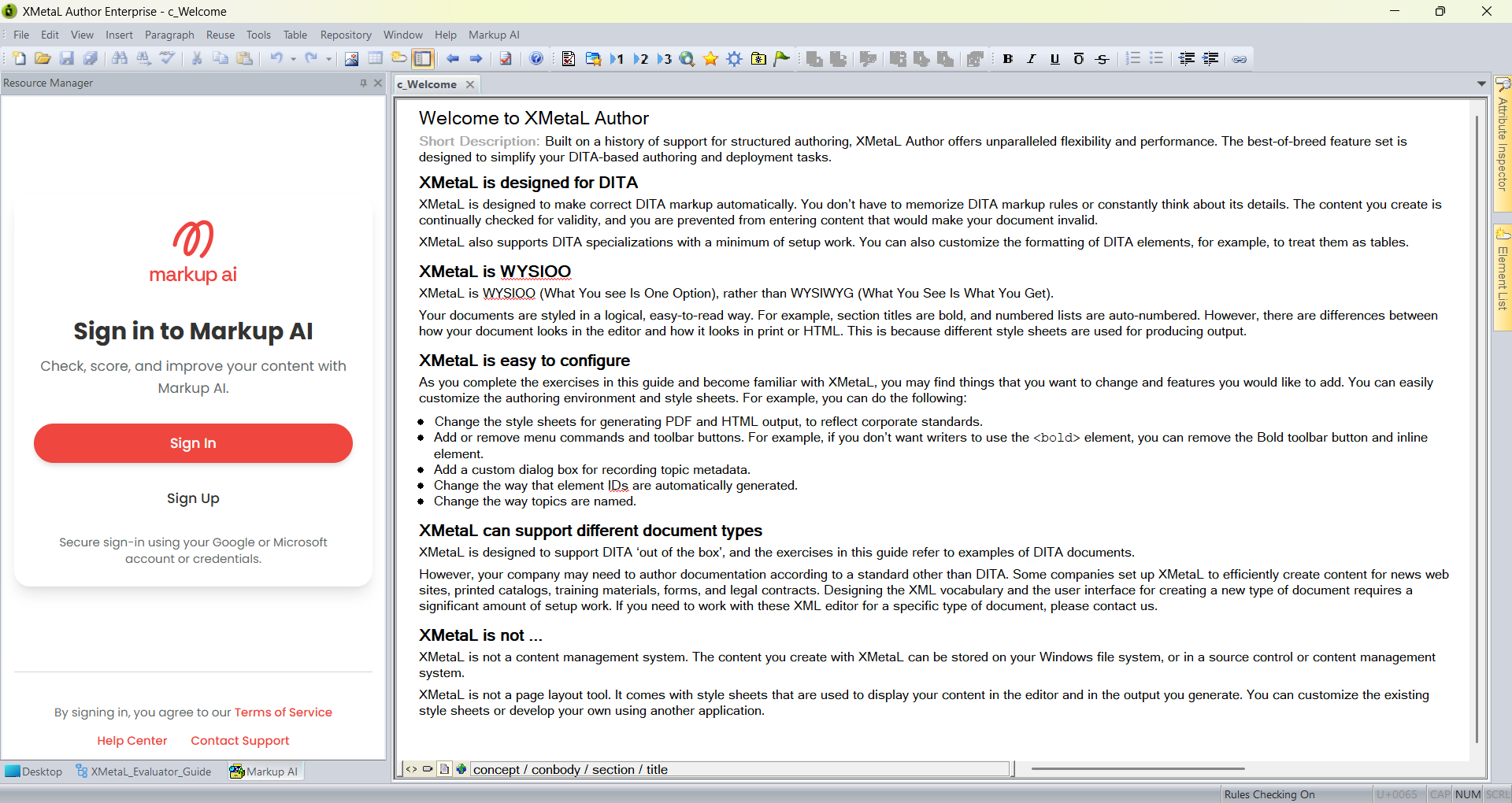 XMetaL Author with the Markup AI sidebar docked in the Resource Manager, showing the Sign in to Markup AI view with Sign In and Sign Up buttons.