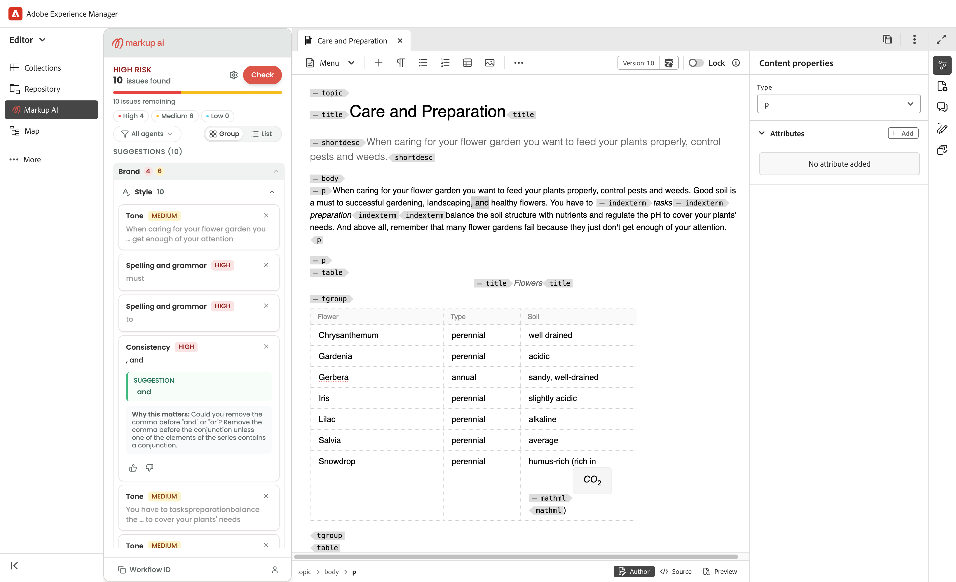 Markup AI sidebar with an issue card expanded, showing the suggested replacement under SUGGESTION and a Why this matters explanation.