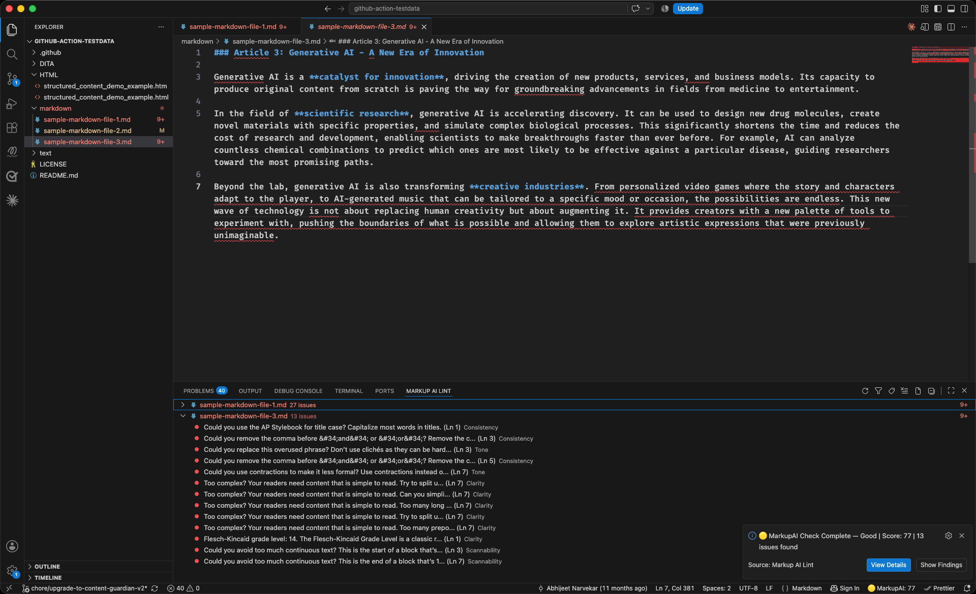 VS Code with a Markdown file open, writing issues underlined in red throughout the text, the Markup AI Lint panel at the bottom grouping findings under each checked file with their categories and line numbers, a MarkupAI Check Complete notification reading Good, Score 77, 13 issues found with View Details and Show Findings buttons, and MarkupAI 77 in the status bar.