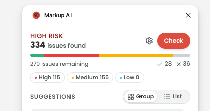 Sidebar header after a content check, showing the Content Risk Score, total issue count, and the severity breakdown (High, Medium, Low).