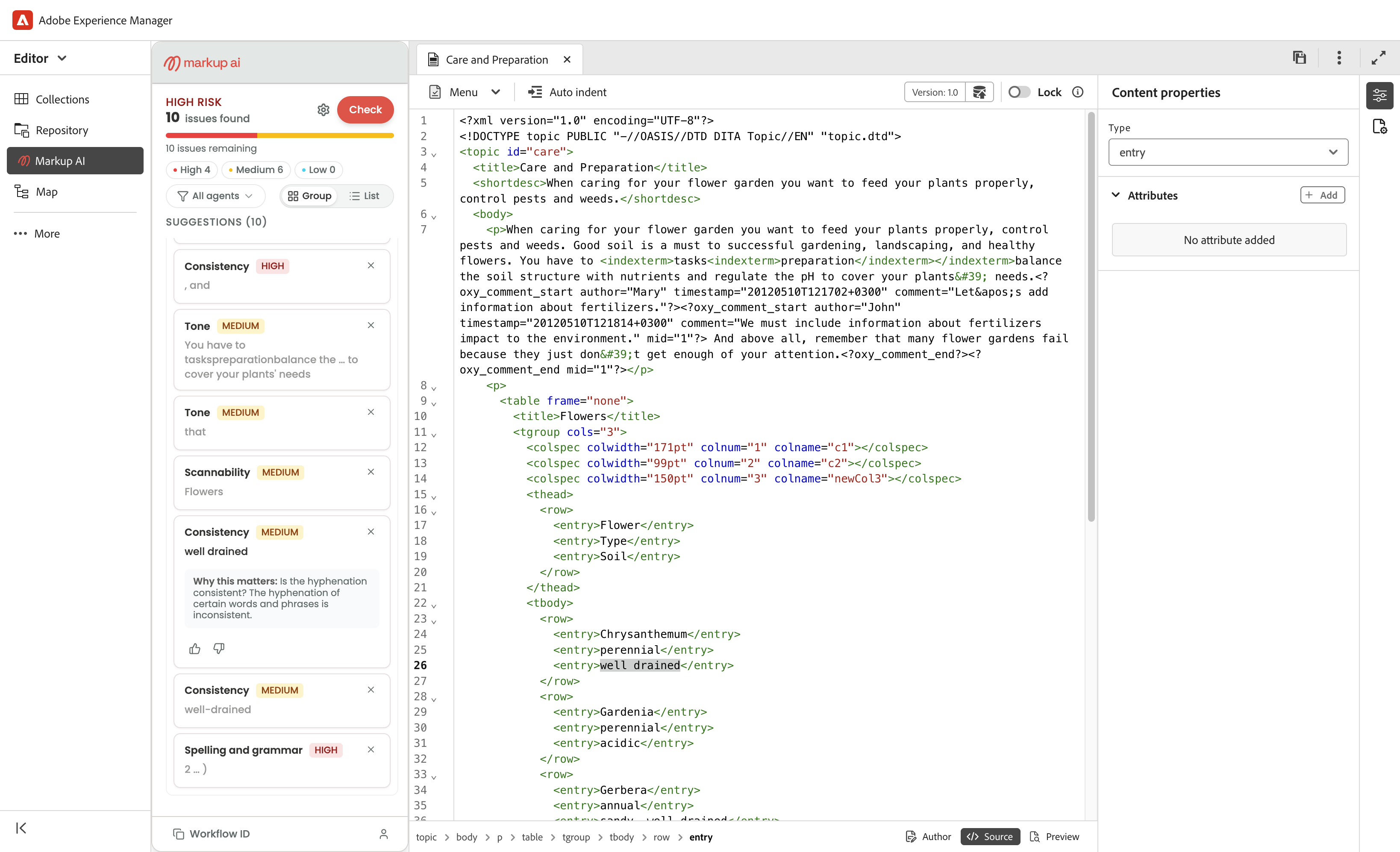AEM Guides editor in Source view (XML/CodeMirror) with the Markup AI sidebar visible on the left and an issue card expanded.