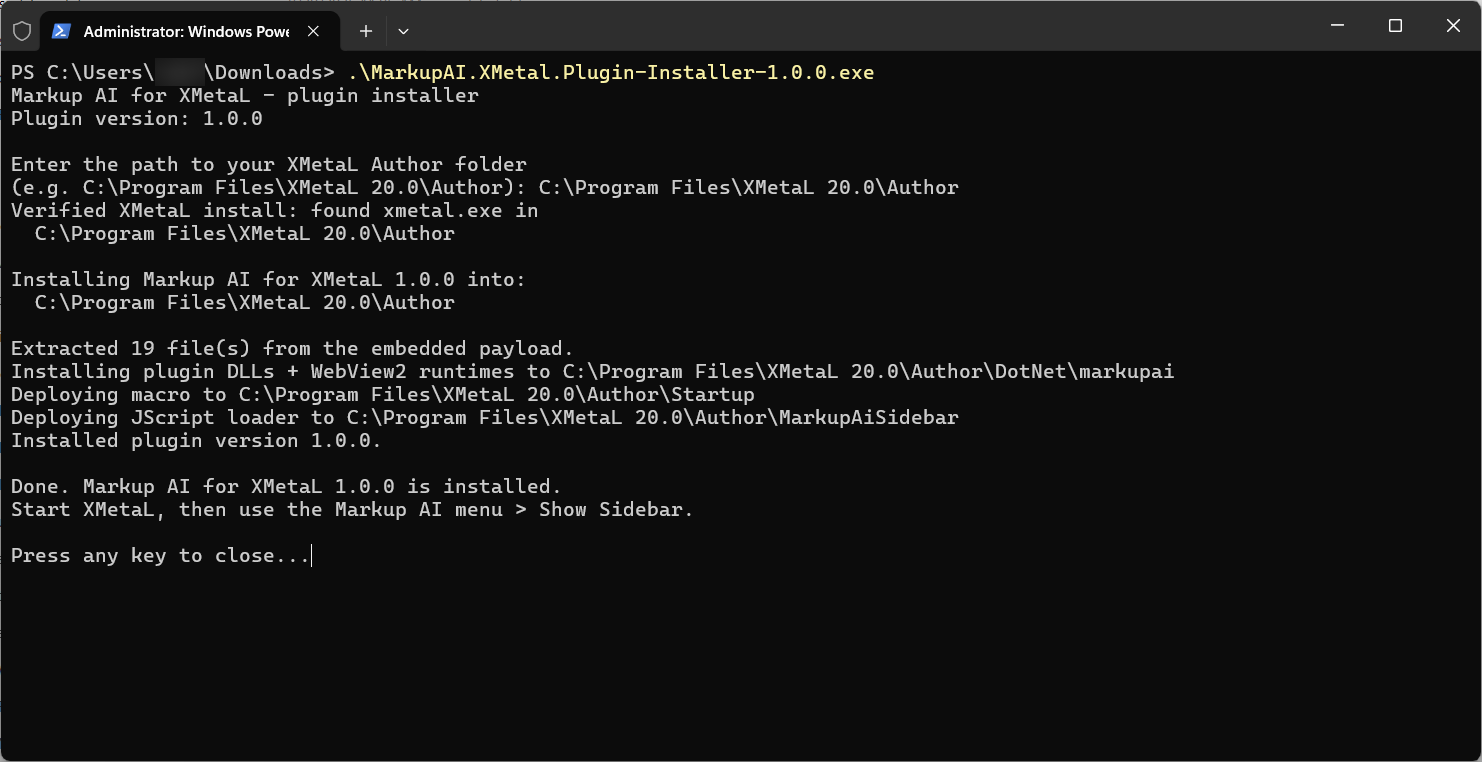 PowerShell console output from the Markup AI for XMetaL installer, showing the plugin version, the verified XMetaL Author folder, and the installed confirmation.