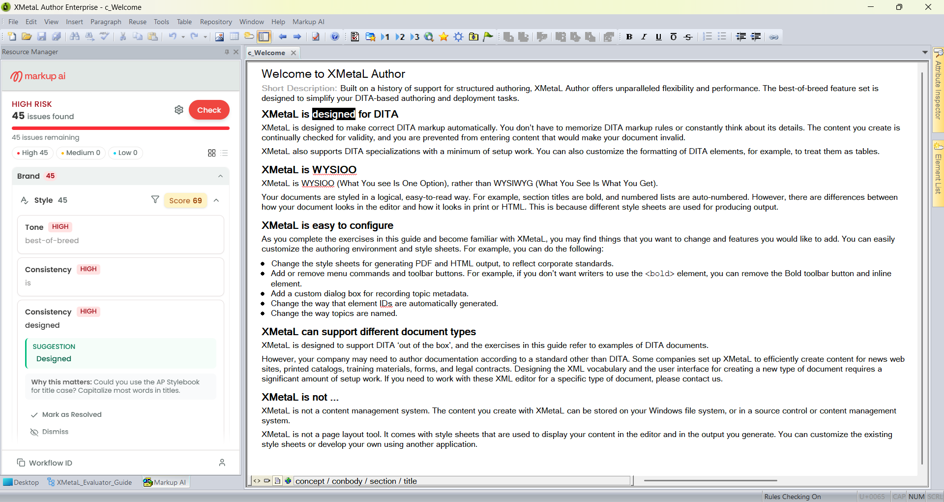 Markup AI sidebar docked beside a document after a check, showing a High Risk banner, 45 issues found, a severity breakdown, and issues grouped under Brand and Style.