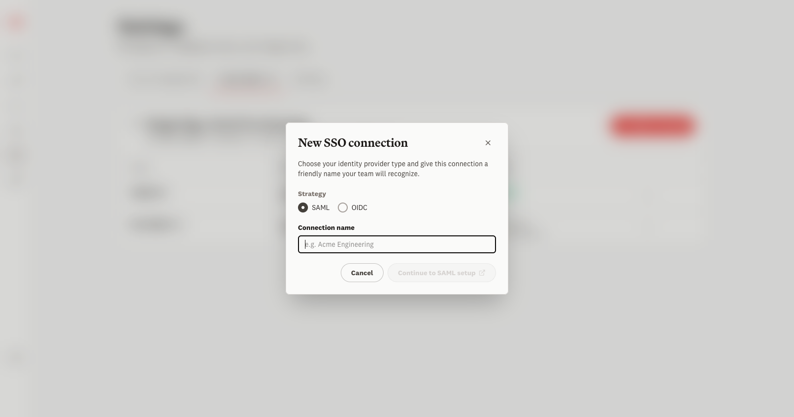 New SSO connection dialog with SAML and OIDC options