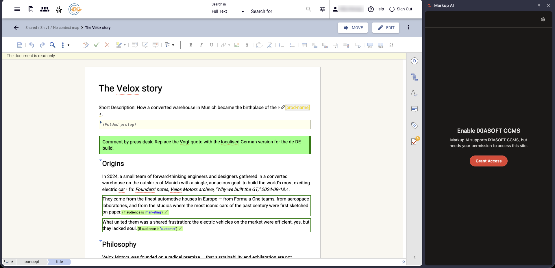 A DITA topic open in the MadCap IXIA CCMS editor with the Markup AI panel alongside it, prompting for permission to access the site with a Grant Access button.