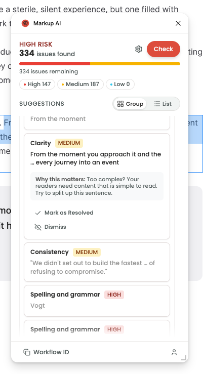 Issue card flagged for awareness only, with no click-to-apply suggestion chip — just the issue text and Why this matters explanation, with Mark as Resolved and Dismiss in the footer.