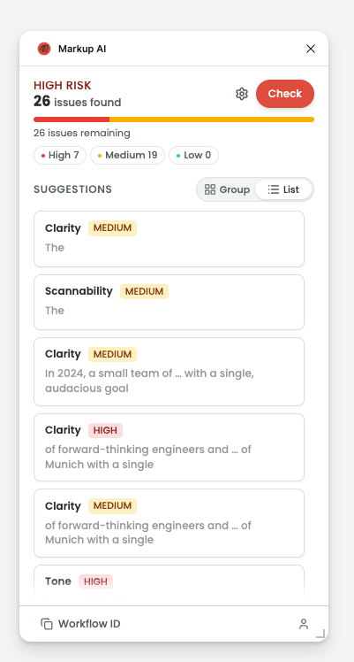 Suggestions list in List view, a flat ordered list of all issues across the run sorted by severity.