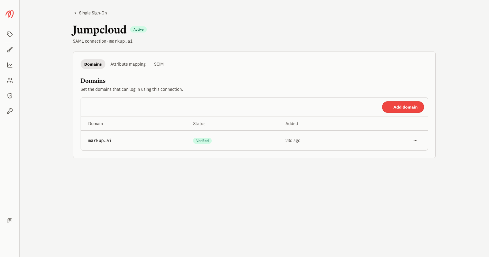 Connection detail page with the Domains tab selected and a verified domain
