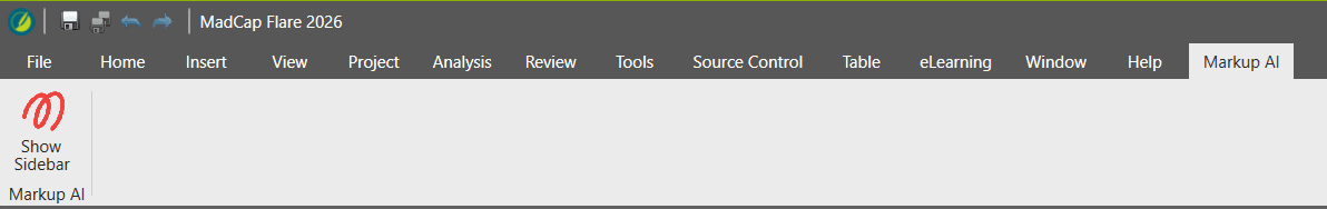 MadCap Flare ribbon with the Markup AI tab selected, showing the Show Sidebar button (with the red Markup AI icon) in a Markup AI group.