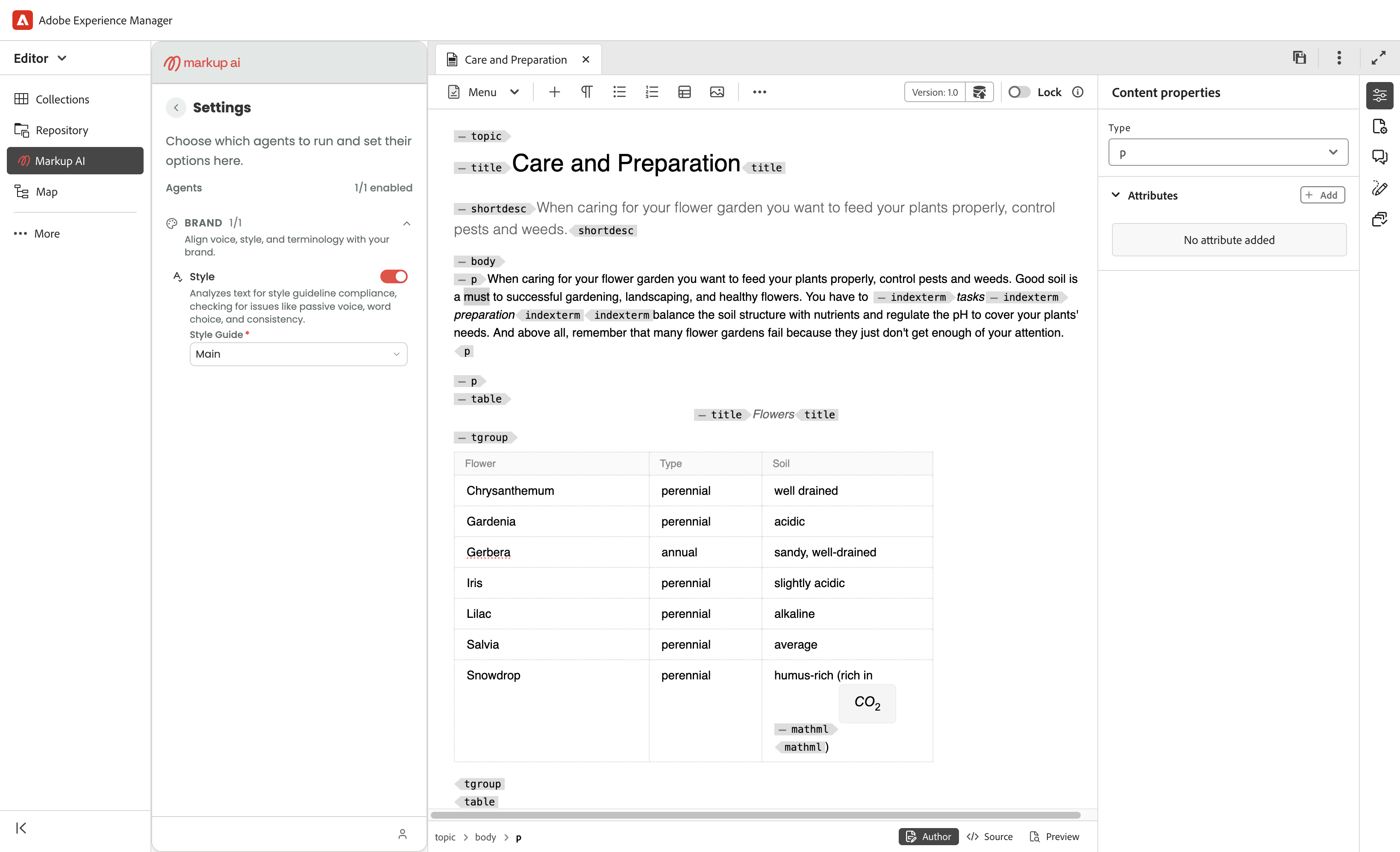 Markup AI Settings panel showing the Style Agent toggled on and a Style Guide dropdown set to 'Main'.