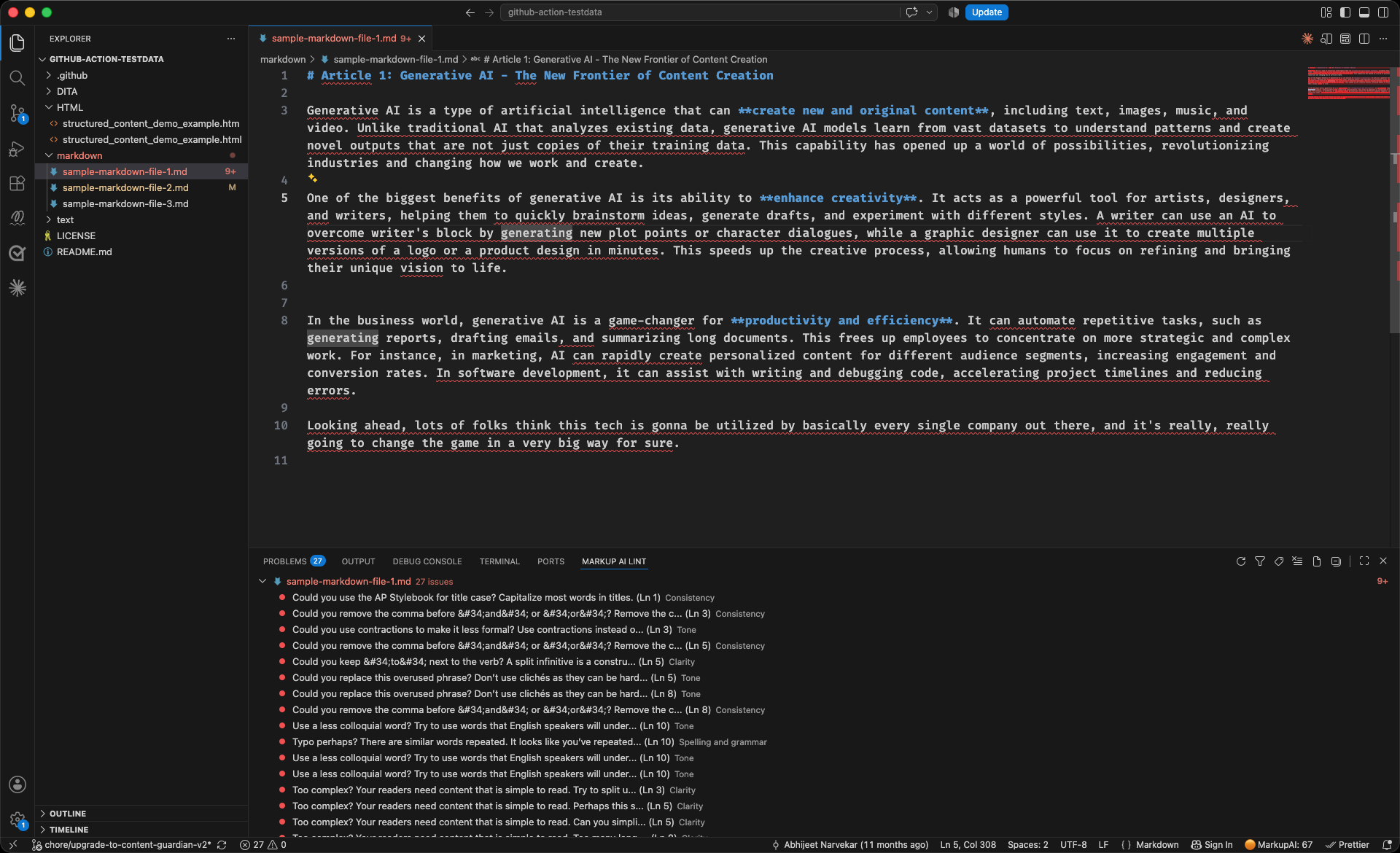 VS Code showing the Markup AI Lint panel at the bottom, with the findings for sample-markdown-file-1.md expanded into 27 entries — each a plain-language message tagged with a category such as Consistency, Tone, Clarity, or Spelling and grammar, and the line it was found on — and the panel toolbar for refreshing, filtering, and clearing filters at the top right.