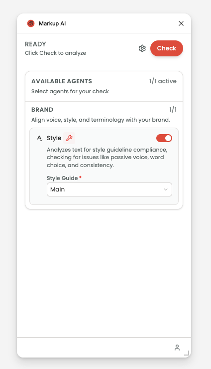 Sidebar home view immediately after sign-in, showing agent categories with the Style Agent toggled on under Brand and the Style Guide dropdown directly below.