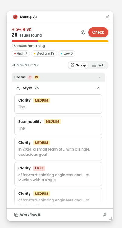 Suggestions list in Group view, with issues organised under their agent and category headings.