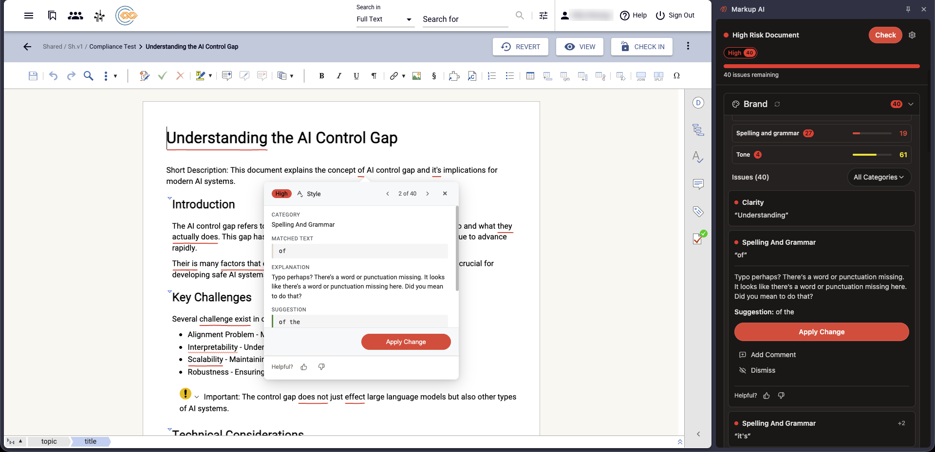 The Markup AI panel listing issues by category next to a DITA topic, with one Spelling and Grammar issue open in the editor showing its explanation, suggestion, and an Apply Change button.