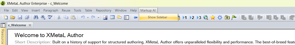 XMetaL Author menu bar with the Markup AI menu open, showing the Show Sidebar item.