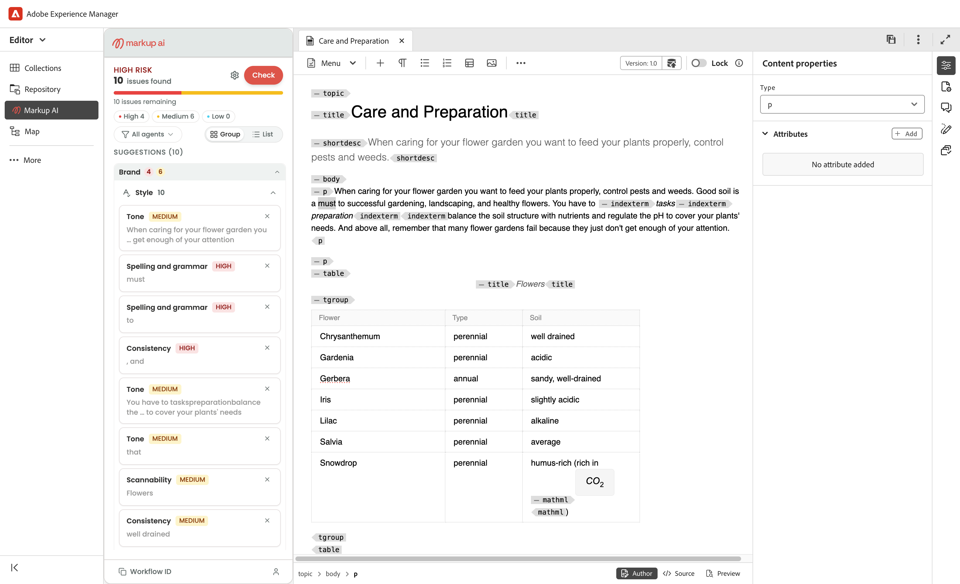 Markup AI sidebar showing 'HIGH RISK', '10 issues found', severity pills (High, Medium, Low), and the Suggestions list from the Style Agent.