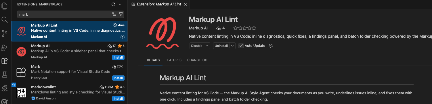 The Extensions view in VS Code with mark typed in the search box, the Markup AI Lint listing from the publisher Markup AI selected at the top of the results, and the extension details page open alongside it describing native content linting with inline diagnostics, quick fixes, a findings panel, and batch folder checking.