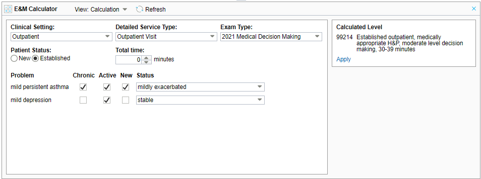 E&M Calculator - Parameters Tab