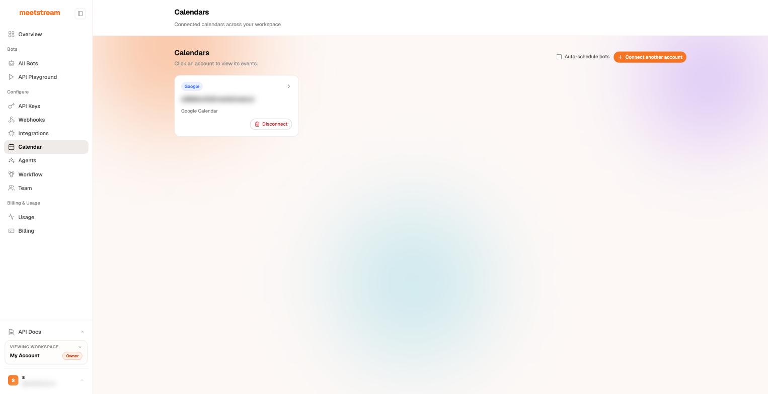 Calendars page in the MeetStream dashboard with the Auto-schedule bots toggle