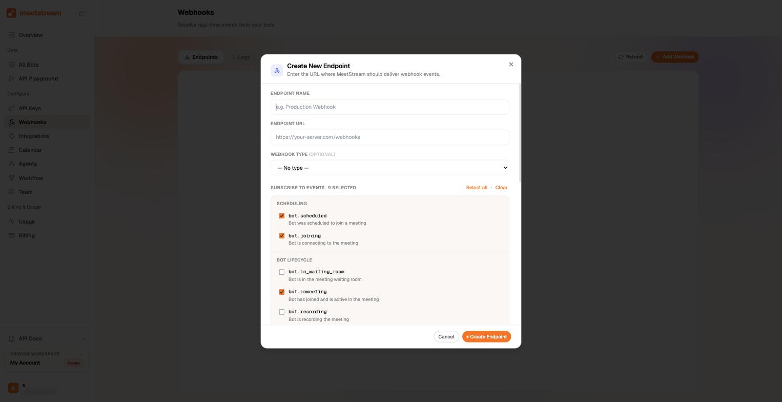 Creating a webhook endpoint: name, URL, and per-event subscription