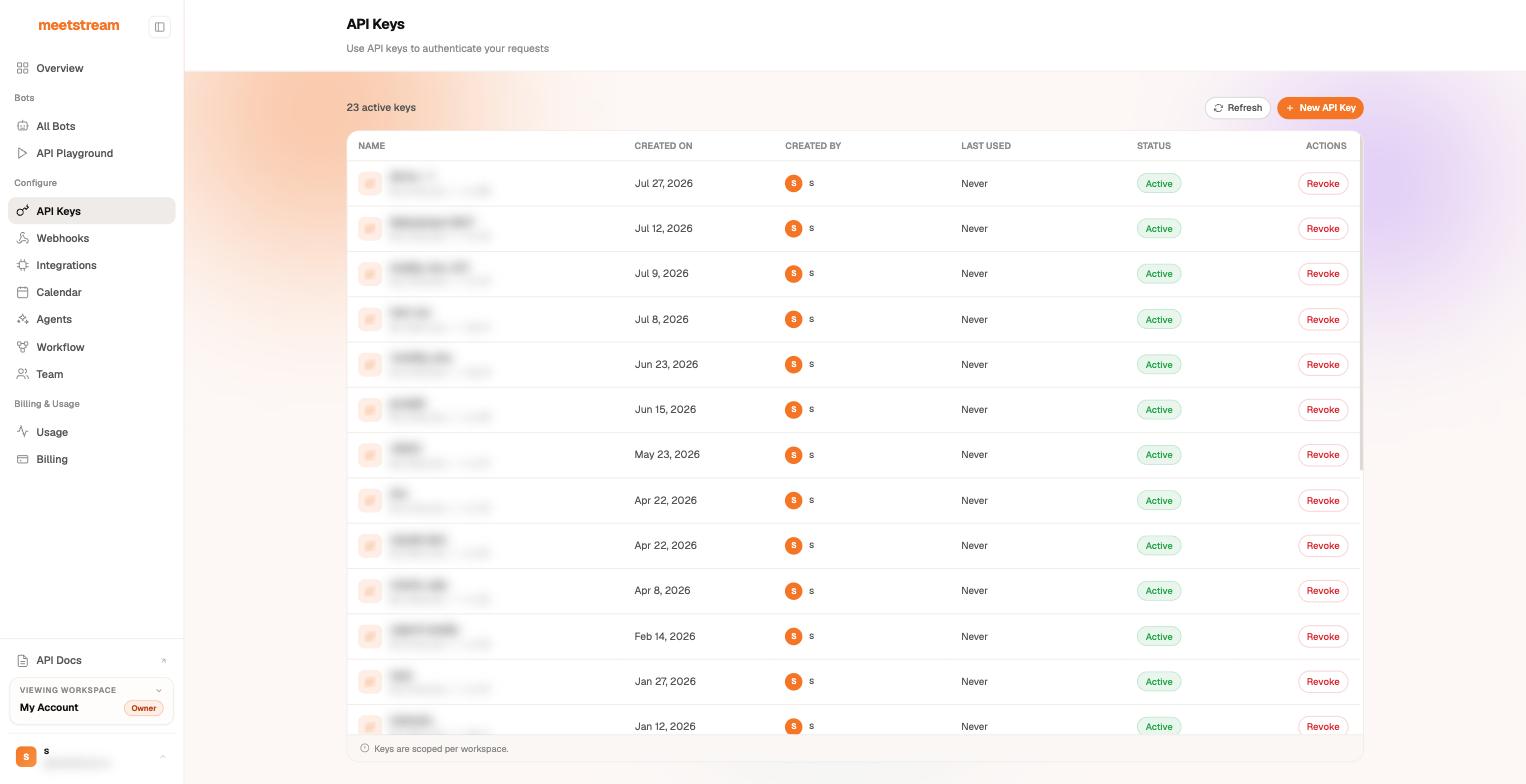 API Keys page: workspace-scoped keys with creation dates and revoke controls