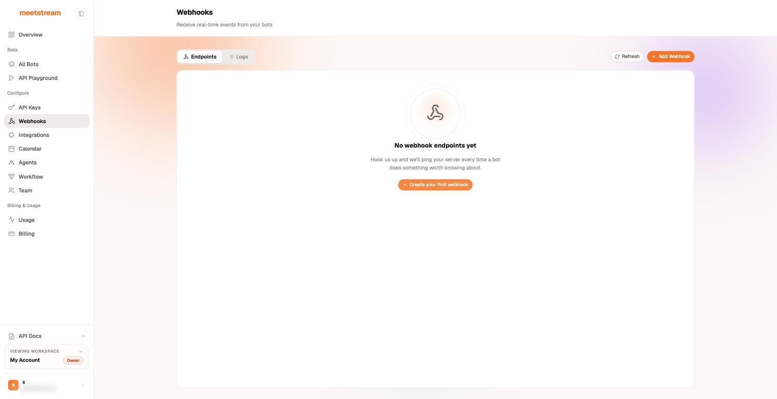 The Webhooks page in the MeetStream dashboard, with Endpoints and Logs tabs