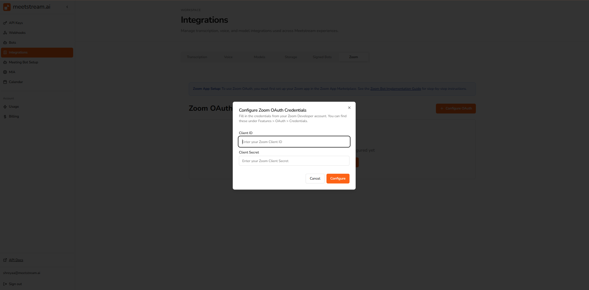 MeetStream Zoom credentials
