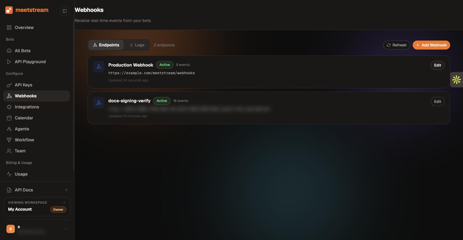 The Webhooks page in the MeetStream dashboard, with Endpoints and Logs tabs