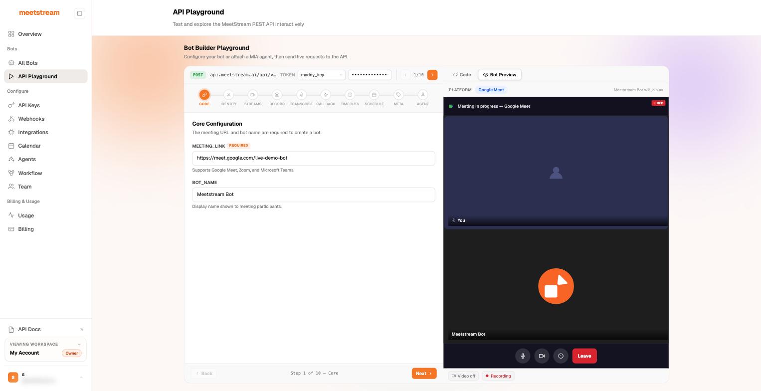 The Bot Builder Playground: 10-step configuration on the left, live bot preview on the right