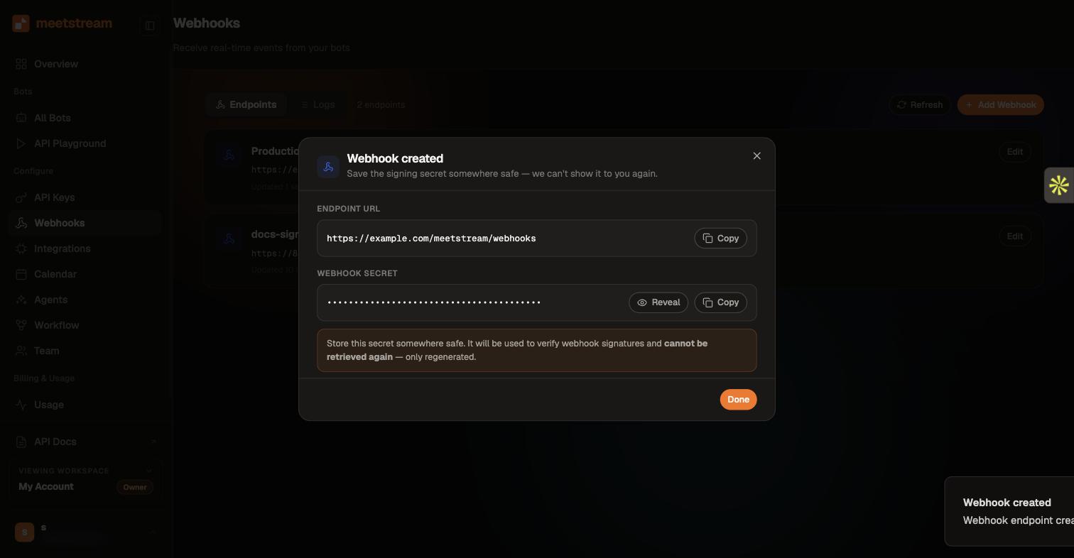 The endpoint-created dialog: the signing secret is displayed a single time
