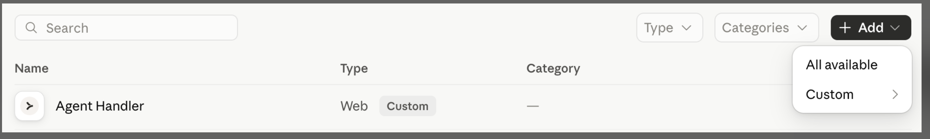 Claude Organization settings Connectors page with Agent Handler listed as a Web Custom connector and the Add menu open showing All available and Custom