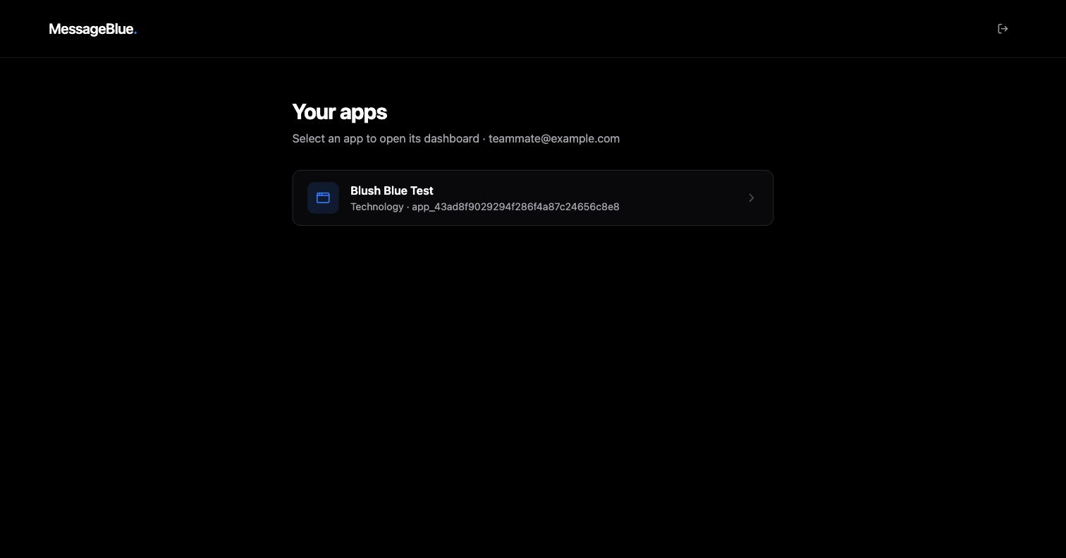 Your apps screen listing a single app with its industry and app ID, and a sign-out control in the header