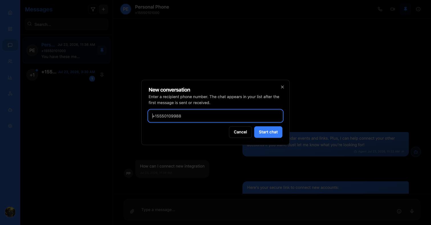 New conversation dialog with a phone number field placeholder plus15550109988, and Cancel and Start chat buttons