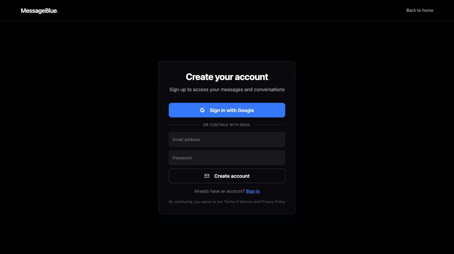 MessageBlue sign-up screen headed Create your account with a Create account button