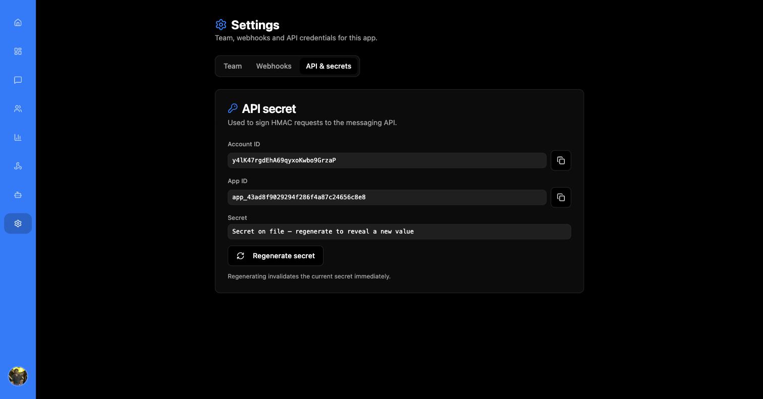 Settings API and secrets tab showing Account ID and App ID with copy buttons, and a Secret field reading Secret on file, regenerate to reveal a new value