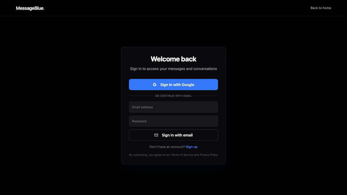 MessageBlue sign-in screen with a Sign in with Google button and email and password fields
