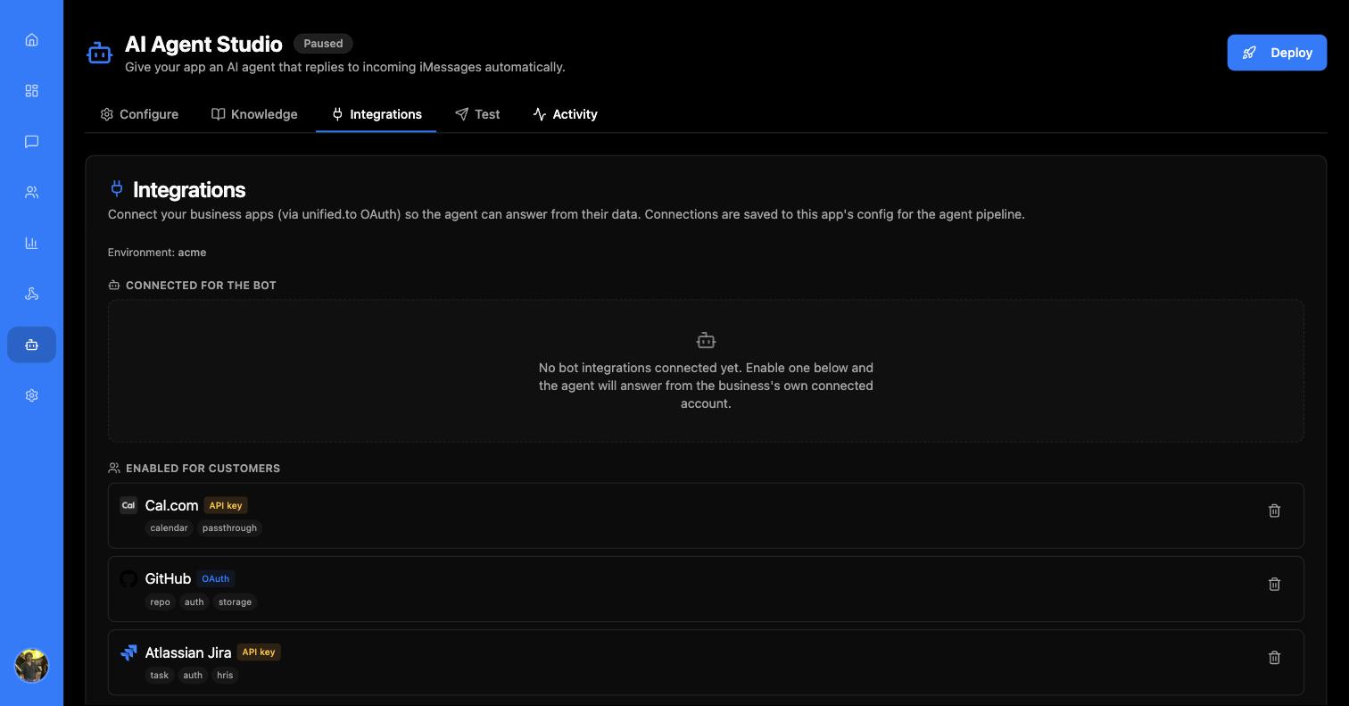 Integrations tab showing an empty Connected for the bot section and Cal.com, GitHub and Atlassian Jira enabled for customers