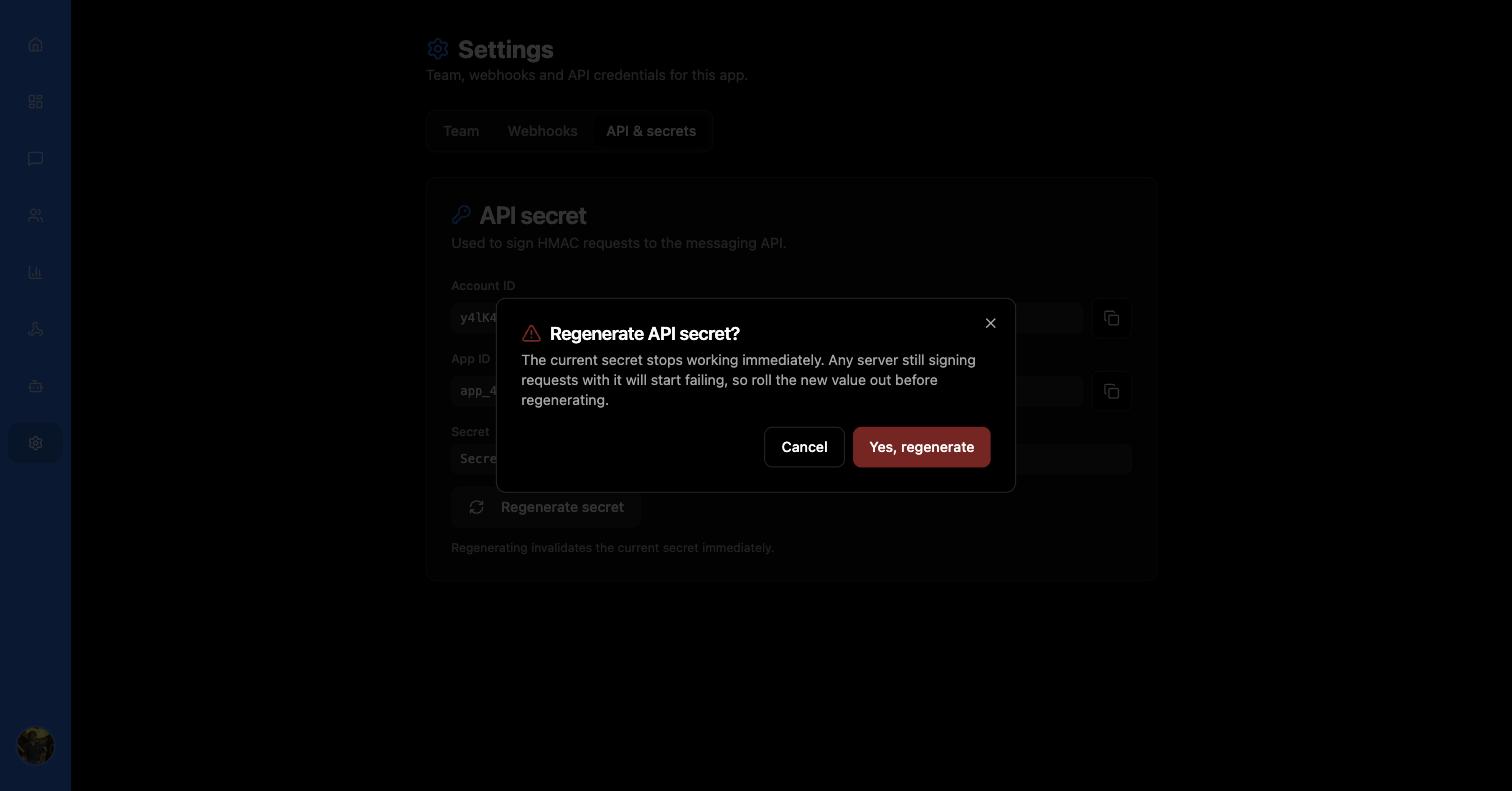 Regenerate API secret dialog warning that the current secret stops working immediately, with Cancel and a red Yes, regenerate button