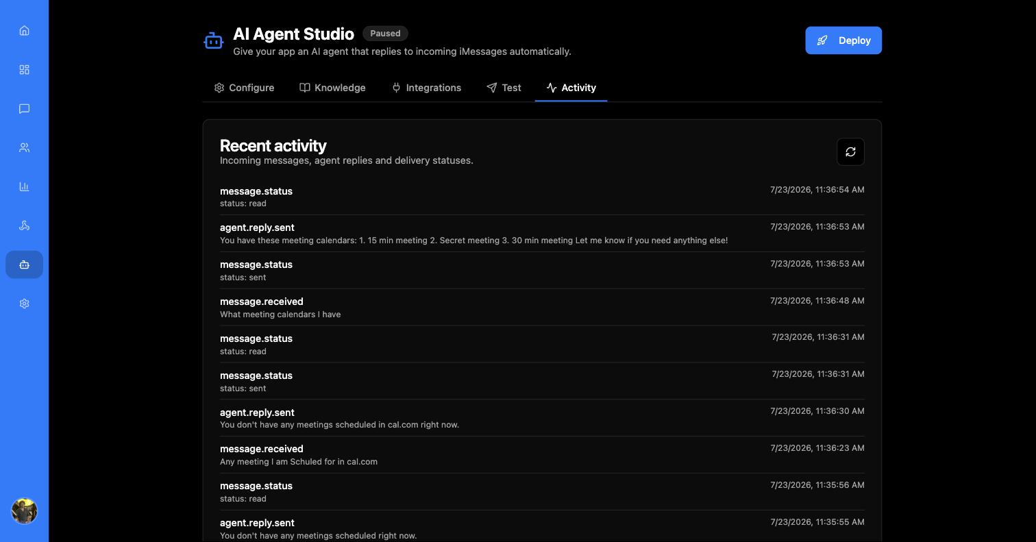 Recent activity feed listing message.received, agent.reply.sent and message.status events with timestamps