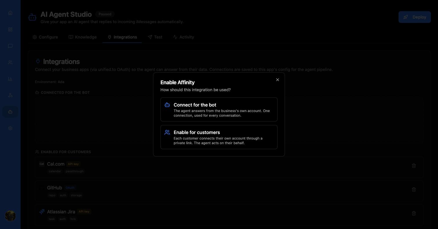 Enable Affinity dialog headed How should this integration be used, offering Connect for the bot and Enable for customers