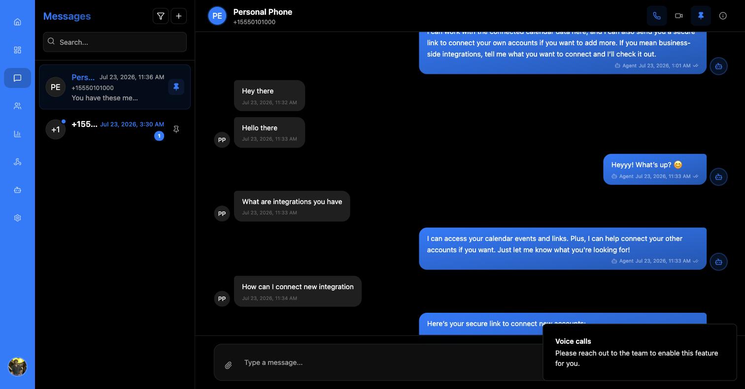 A conversation with a toast reading Voice calls — Please reach out to the team to enable this feature for you