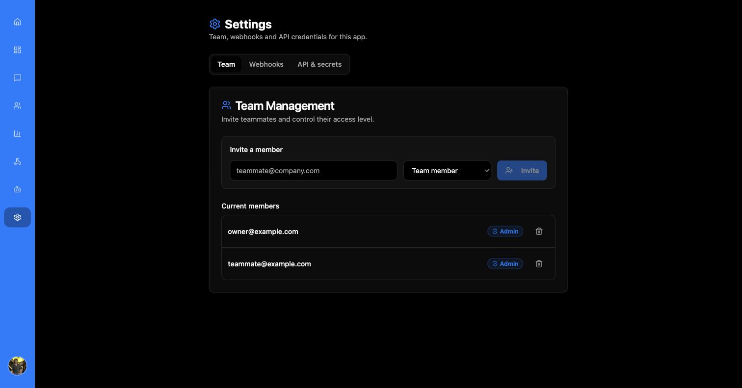 Settings Team tab with an Invite a member form and a list of current members badged Admin