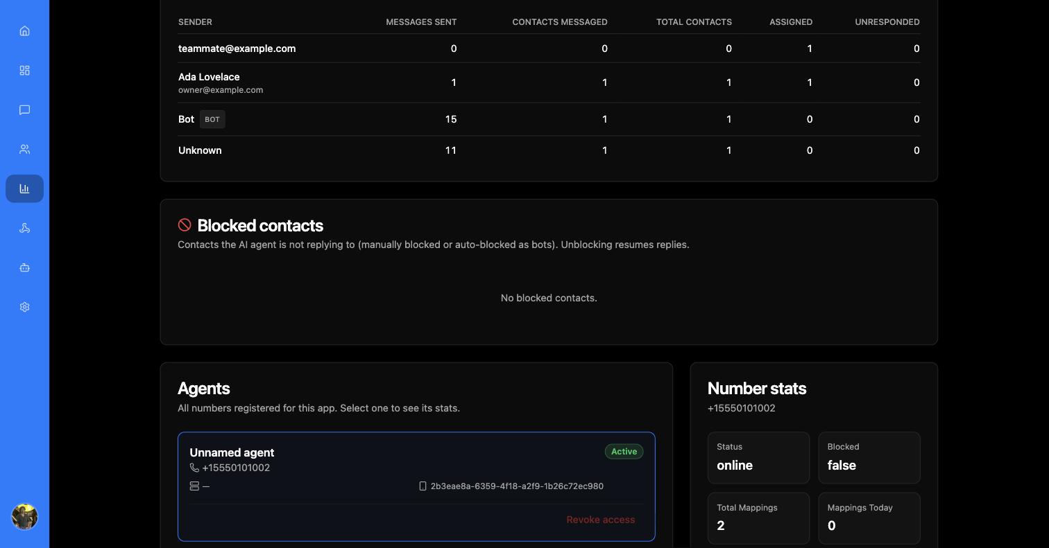 Blocked contacts empty state above an Agents list showing one active agent with its device ID, and a Number stats panel showing status online