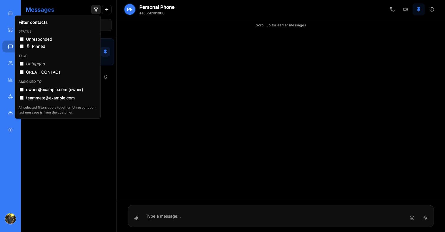 Filter contacts popover showing Status with Unresponded and Pinned, a Tags list, and an Assigned to list of team members