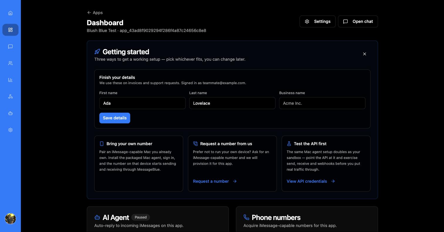 MessageBlue dashboard showing the Getting started card, an AI Agent card badged Paused, and the Phone numbers card