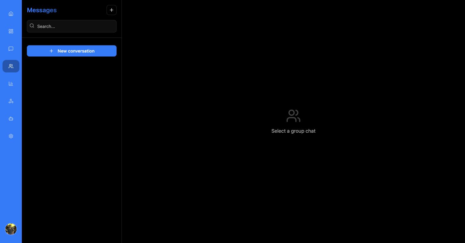 Group chats screen with an empty conversation list, a New conversation button, and a Select a group chat placeholder