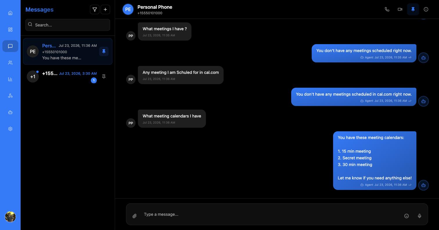 MessageBlue Messages inbox showing a customer asking about meetings and the AI agent replying, each reply badged Agent