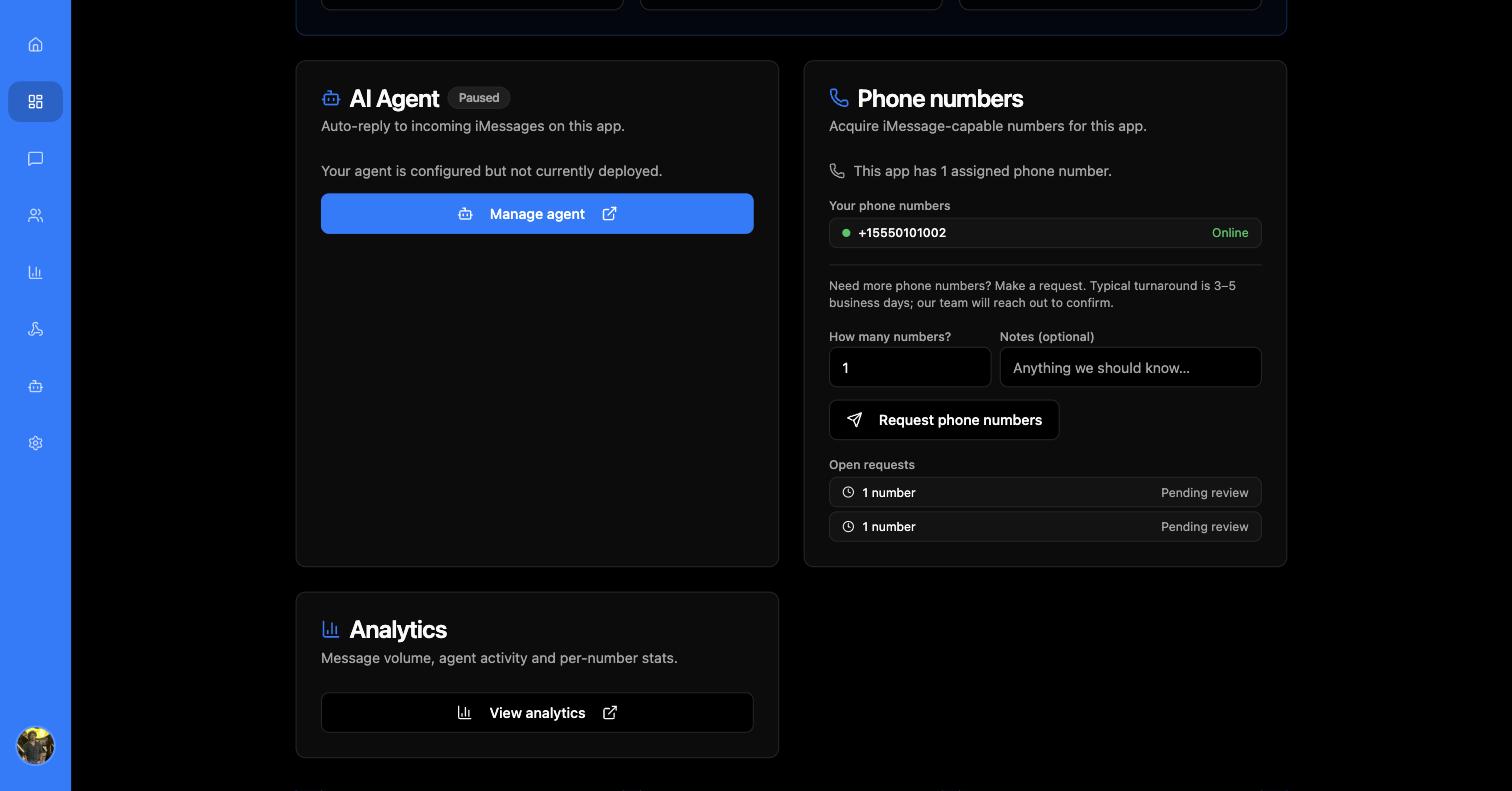 Dashboard cards: AI Agent badged Paused, Phone numbers listing one number marked Online with two open requests, and the Analytics card